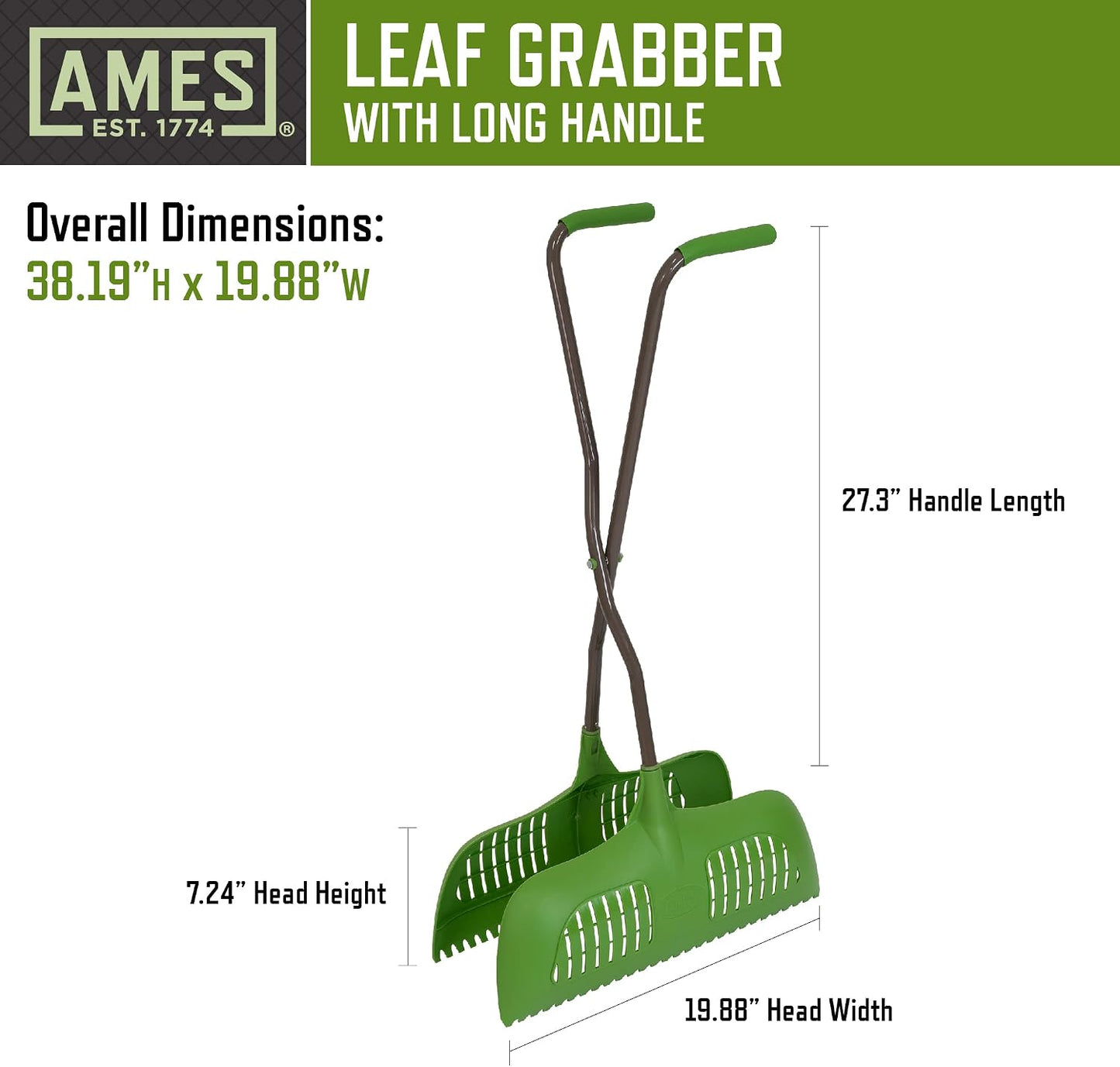 Leaf Grabber Rake with Long Handle & Cushioned Grip for Leaves, Lawn Clippings, Twigs, Yard Waste