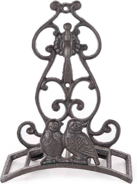 Vintage Cast Iron Garden Hose Holder - Small Decorative Wall Mount Hose Hanger with Birds & Scroll, Heavy Duty Outdoor Storage Hook for Yard, Garden, or Patio - Rustic Bronze Finish