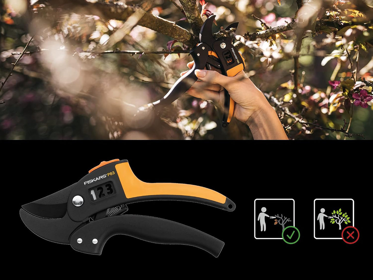 PowerStep Pruner Anvil P83, Cutting diameter: 2.4 cm, Steel blades with non-stick coating, Length: 19 cm, Black/Orange, 1000575