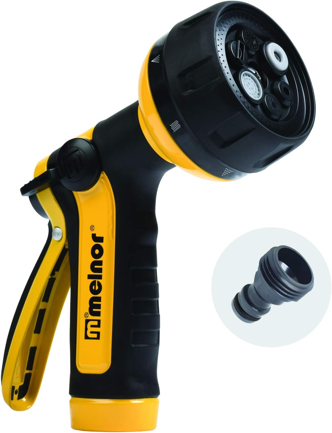 65112-AMZ 6-Pattern Vortex Water Hose Sprayer Nozzle, QuickConnect Product Adapter, Black, Yellow, Slip Resistant Outdoor Hose Nozzle Sprayer for Watering Plants, Lawn, Car Washing, Patio, Pet