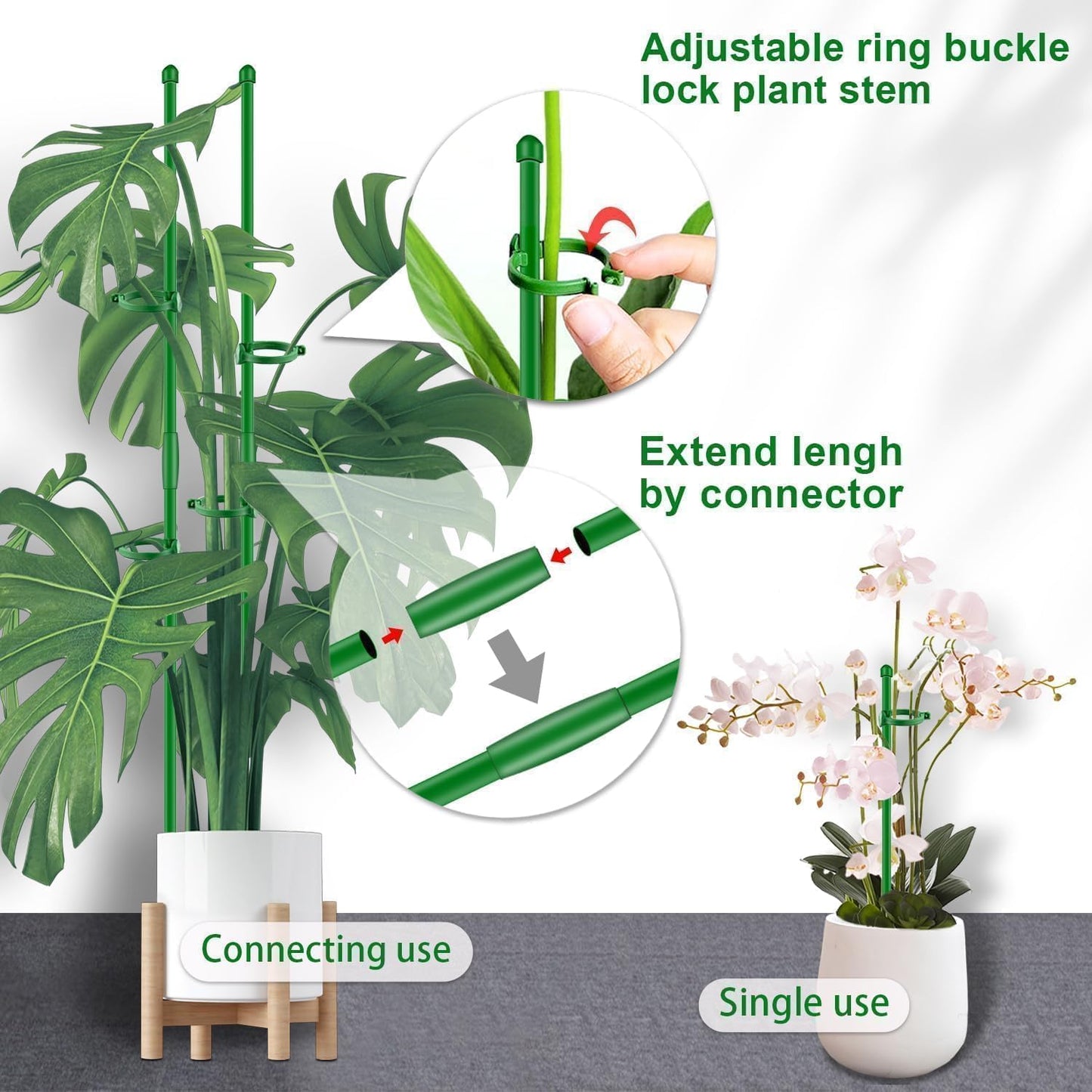 Plant Stakes 17 inch Support Stick Orchid Stakes with Clips 10Pcs Garden Plant Poles Extended to 3/4/5ft for Indoor Outdoor Potted Tomato Rose Amaryllis Vegetables Monstera -Green