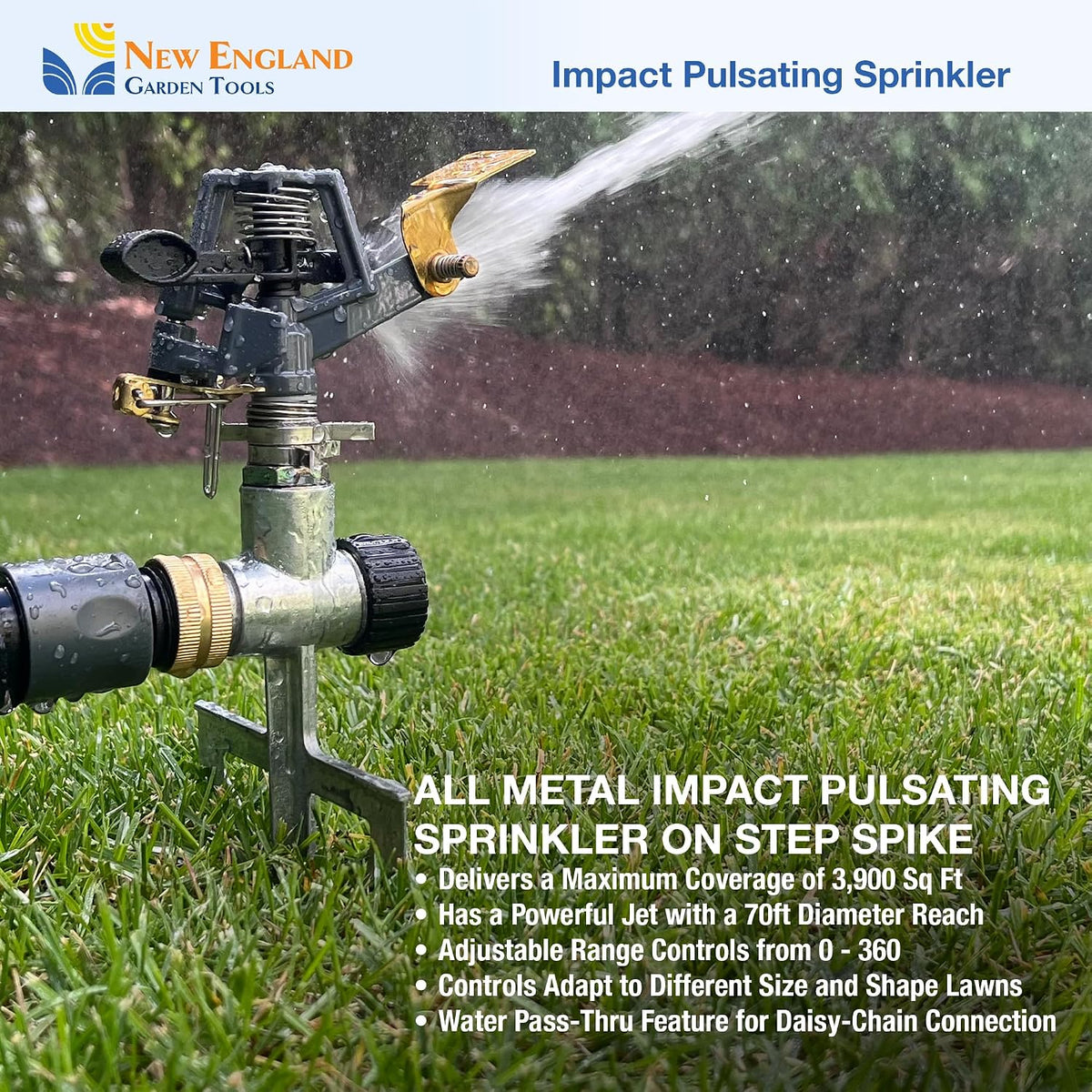 Impact Pulsating Sprinkler 300009 on Metal Step Spike, 70 ft Diameter Reach, 360° Range Control to Cover up to 3,900 Sq Ft for Farm, Lawn and Garden Irrigation