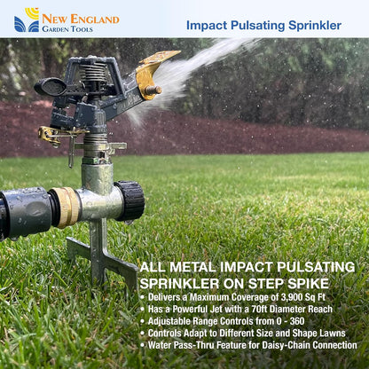 Impact Pulsating Sprinkler 300009 on Metal Step Spike, 70 ft Diameter Reach, 360° Range Control to Cover up to 3,900 Sq Ft for Farm, Lawn and Garden Irrigation