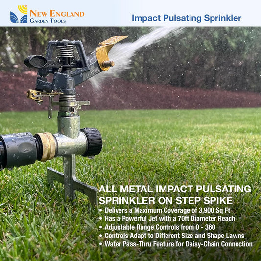 Impact Pulsating Sprinkler 300009 on Metal Step Spike, 70 ft Diameter Reach, 360° Range Control to Cover up to 3,900 Sq Ft for Farm, Lawn and Garden Irrigation