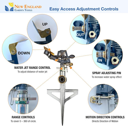 Impact Pulsating Sprinkler 300009 on Metal Step Spike, 70 ft Diameter Reach, 360° Range Control to Cover up to 3,900 Sq Ft for Farm, Lawn and Garden Irrigation