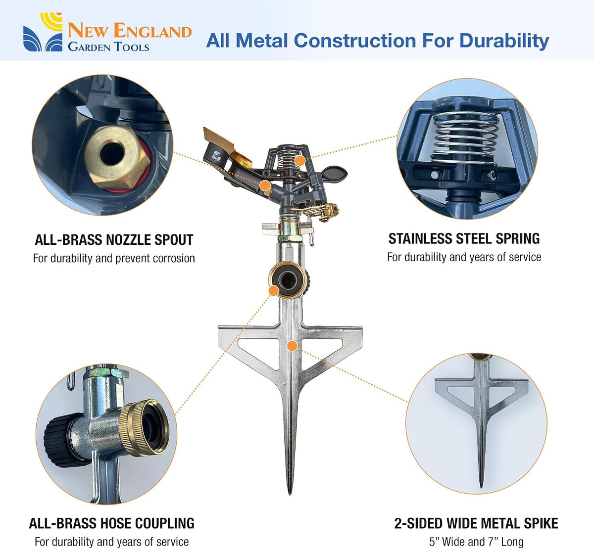 Impact Pulsating Sprinkler 300009 on Metal Step Spike, 70 ft Diameter Reach, 360° Range Control to Cover up to 3,900 Sq Ft for Farm, Lawn and Garden Irrigation