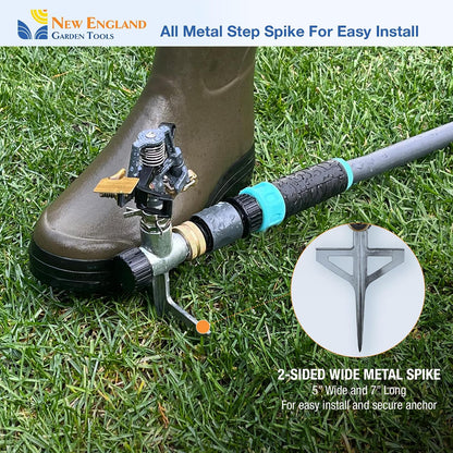 Impact Pulsating Sprinkler 300009 on Metal Step Spike, 70 ft Diameter Reach, 360° Range Control to Cover up to 3,900 Sq Ft for Farm, Lawn and Garden Irrigation