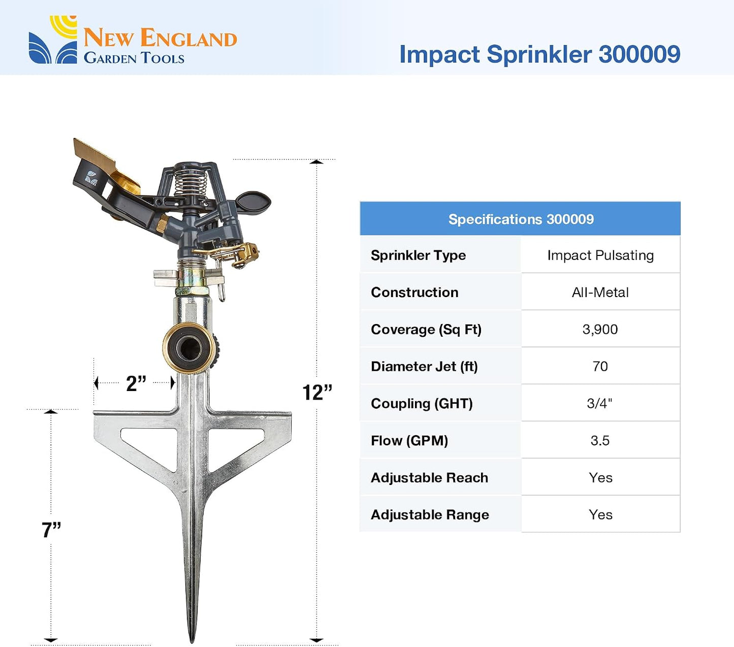 Impact Pulsating Sprinkler 300009 on Metal Step Spike, 70 ft Diameter Reach, 360° Range Control to Cover up to 3,900 Sq Ft for Farm, Lawn and Garden Irrigation