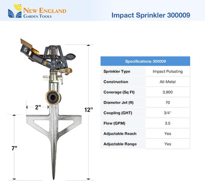Impact Pulsating Sprinkler 300009 on Metal Step Spike, 70 ft Diameter Reach, 360° Range Control to Cover up to 3,900 Sq Ft for Farm, Lawn and Garden Irrigation