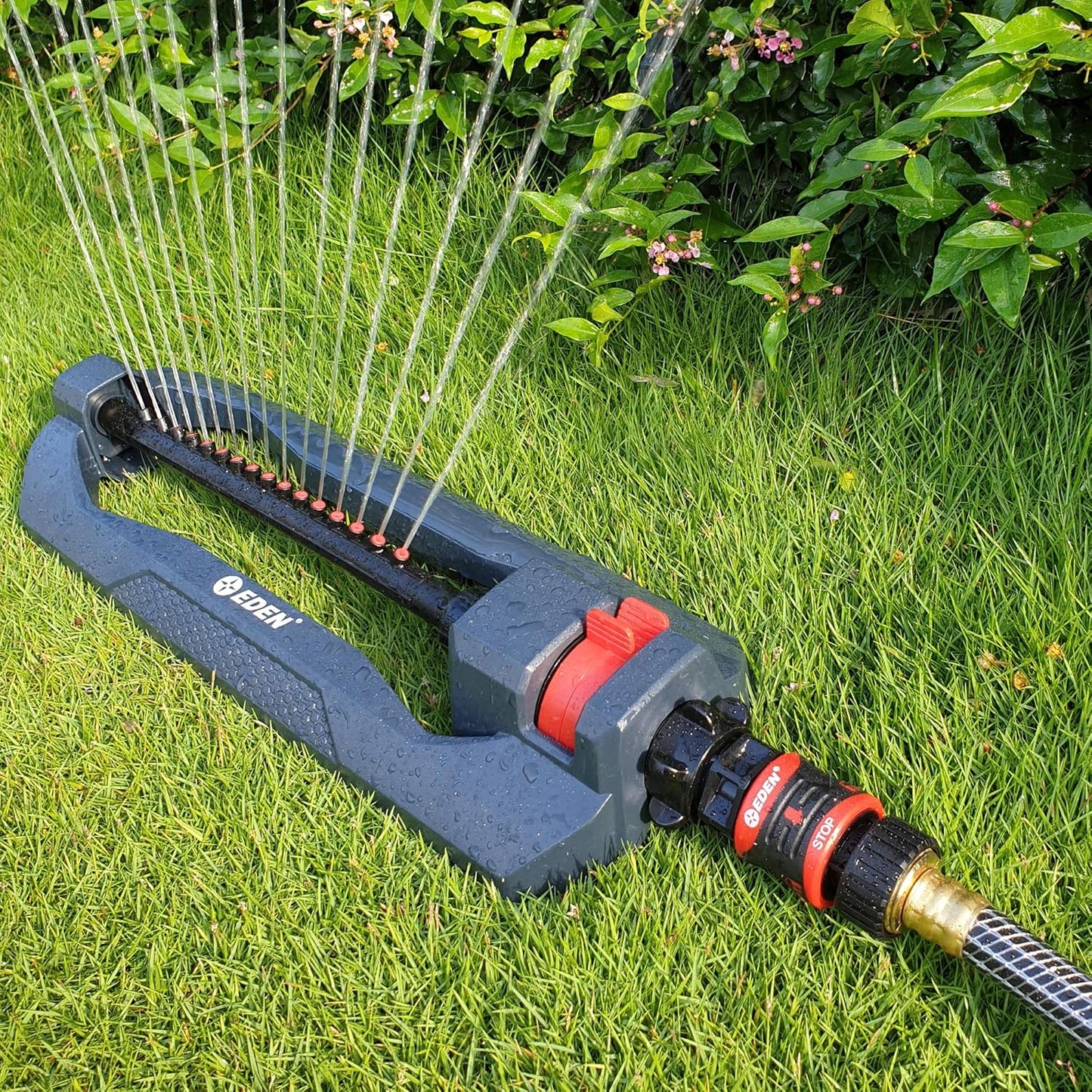 96213 Weighted Essential Oscillating Sprinkler | Covers Up to 3,600 sq. ft., 16 Precision Nozzles, Adjustable Range, Turbo Drive Motor, Quick Connect Bundle, Stainless Steel Filters, Black