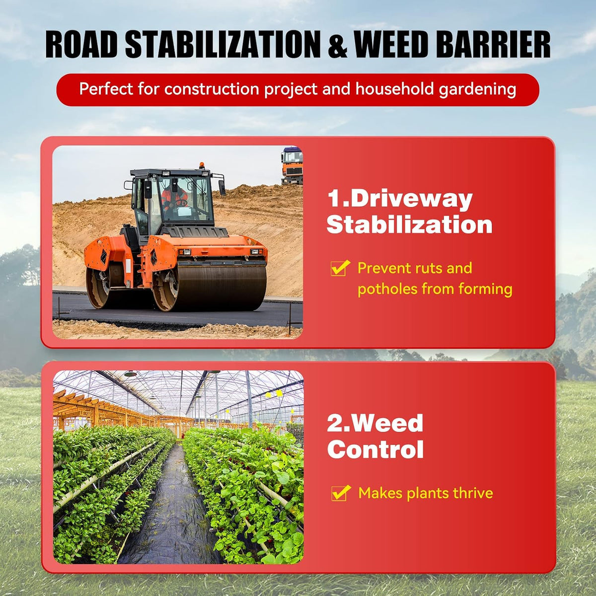 3ftx50ft Weed Barrier Landscape Fabric Heavy Duty，Weed Block Gardening Ground Cover Mat, Weed Control Garden Cloth ，Woven Geotextile Fabric for Underlayment，Commercial Driveway Fabric