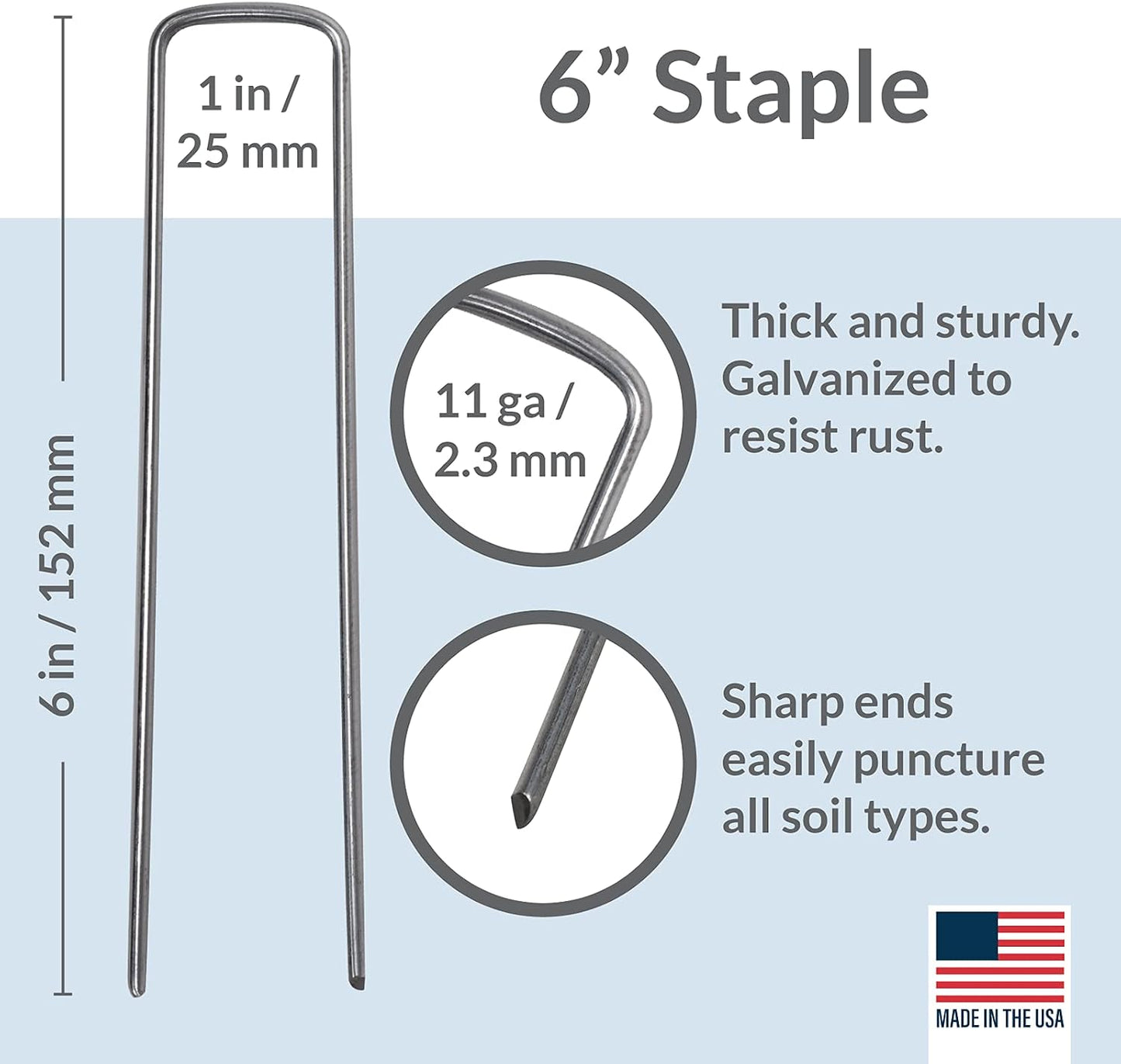 Garden Stakes 6 Inch 11 Gauge Galvanized Steel Landscape Staples, Heavy Duty Landscape Fabric Stakes 200 Pack for Weed Barrier, Sod, Edging, Fencing and Drip Irrigation Made in USA