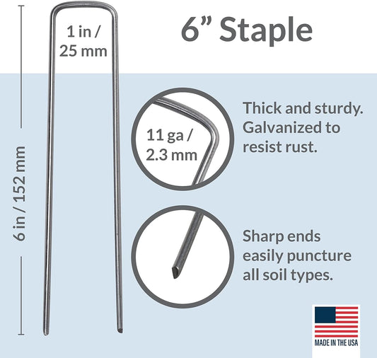 Garden Stakes 6 Inch 11 Gauge Galvanized Steel Landscape Staples, Heavy Duty Landscape Fabric Stakes 200 Pack for Weed Barrier, Sod, Edging, Fencing and Drip Irrigation Made in USA
