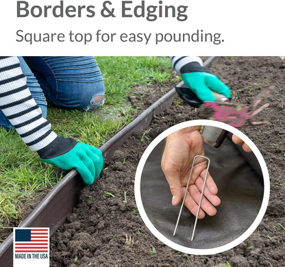 Garden Stakes 6 Inch 11 Gauge Galvanized Steel Landscape Staples, Heavy Duty Landscape Fabric Stakes 200 Pack for Weed Barrier, Sod, Edging, Fencing and Drip Irrigation Made in USA