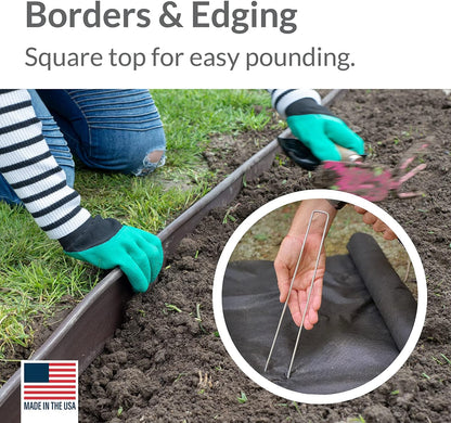 Garden Stakes 6 Inch 11 Gauge Galvanized Steel Landscape Staples, Heavy Duty Landscape Fabric Stakes 200 Pack for Weed Barrier, Sod, Edging, Fencing and Drip Irrigation Made in USA