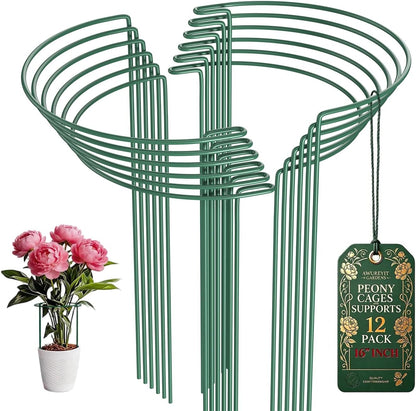 12 Pack Plant Support Stakes, 10" W x 16" H Metal Peony Cages and Supports, Green Half Round Garden Plant Support Ring for Outdoor Indoor Plants, Rose, Hydrangea, Tomato, Snake Plant