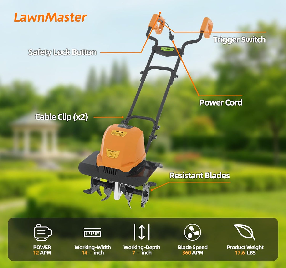 Electric Garden Tiller Cultivator, 14 Inch 12 Amp Corded Tiller for Gardening with Foldable Handle, 4 Steel Tines, Garden Rototiller for Lawn Yard Soil Cultivation