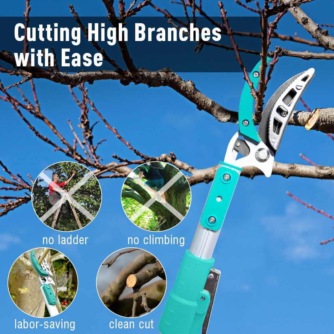 Tree Pruner Extendable, Tree Trimmers Long Handle Pruner, Extra Length to 10ft, Telescopic Pole Pruner with Rotate Head, Smooth Clean Cut, Ideal For Removing High Branches and Fruit Picking