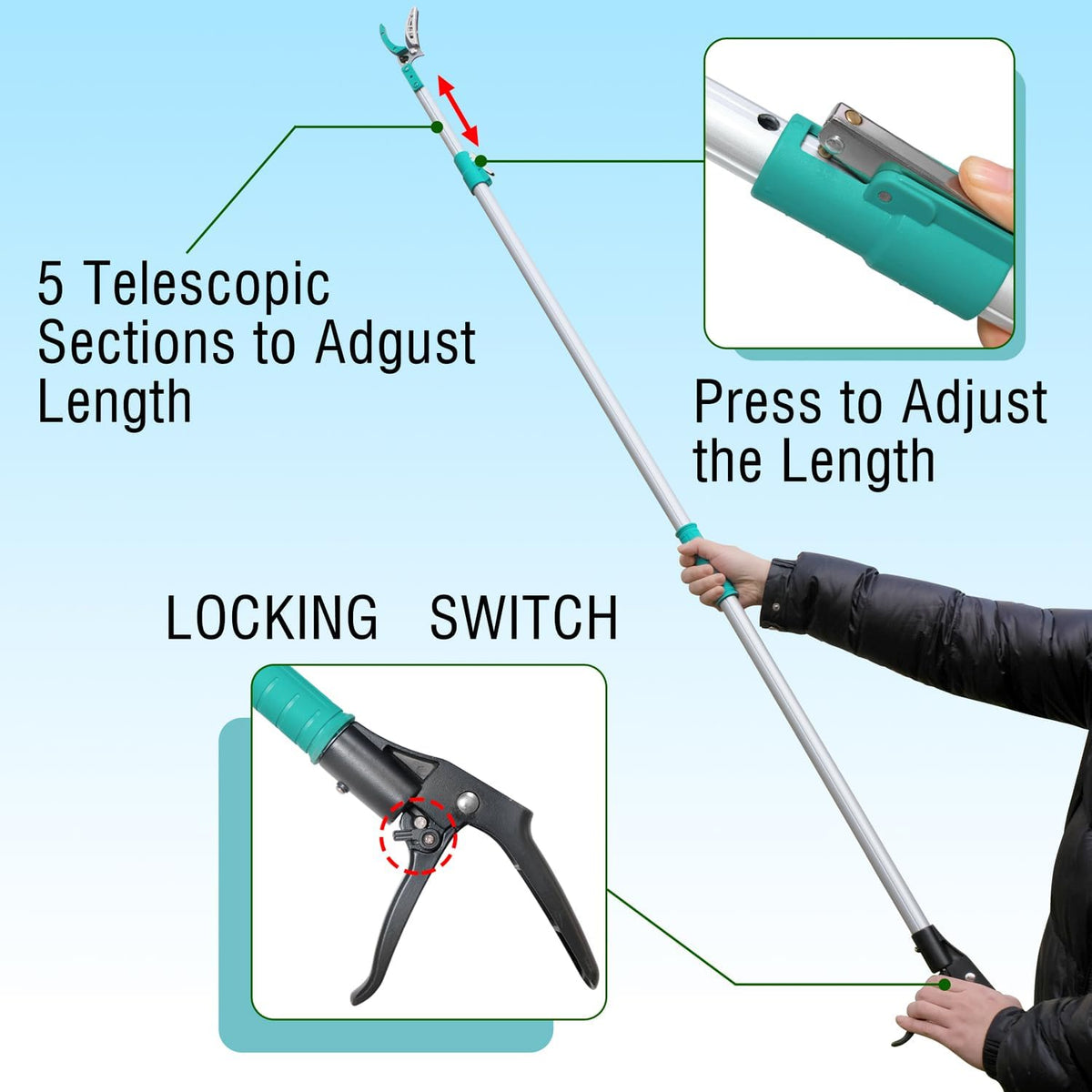 Tree Pruner Extendable, Tree Trimmers Long Handle Pruner, Extra Length to 10ft, Telescopic Pole Pruner with Rotate Head, Smooth Clean Cut, Ideal For Removing High Branches and Fruit Picking