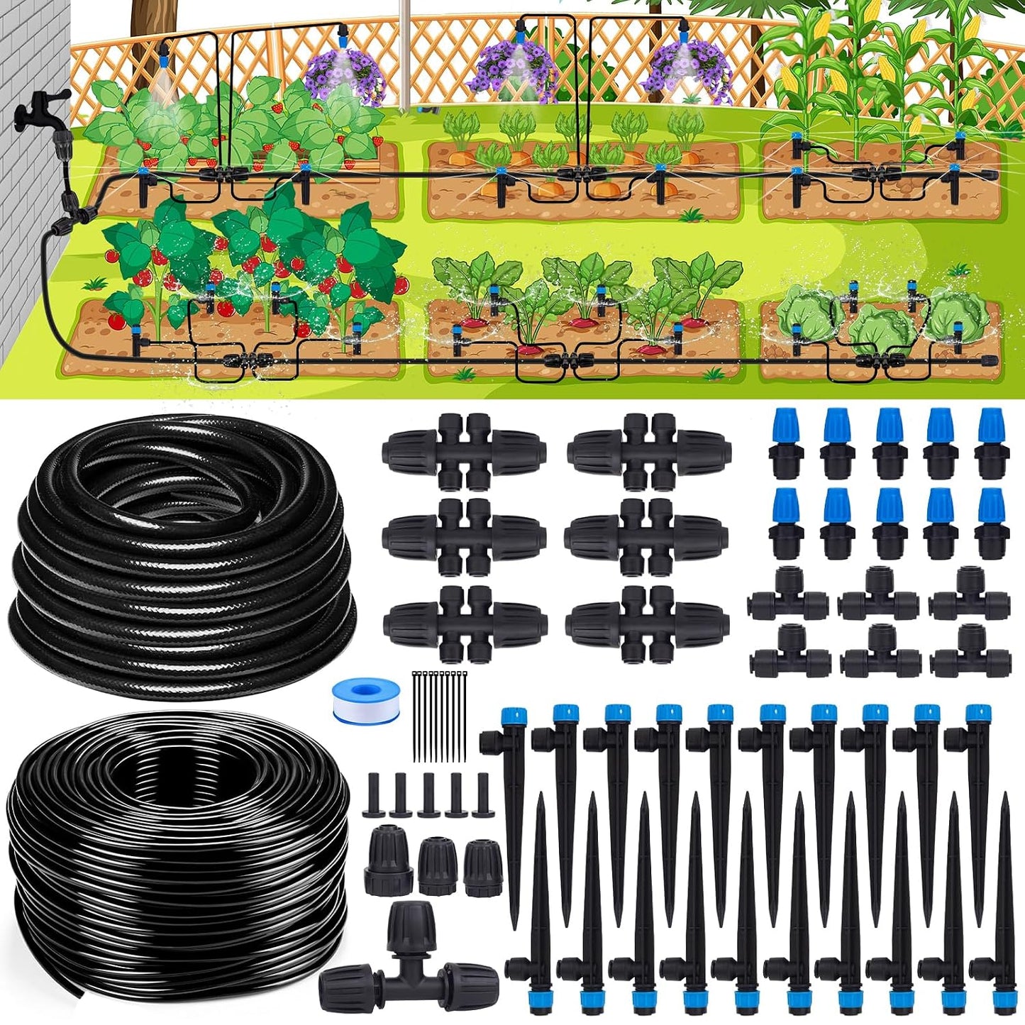 240FT Drip Irrigation System Kits, Quick Connect Automatic Garden Watering System for Raised Bed, Potted Plants, Lawn, Greenhouse with 1/2 inch Hose 1/4 inch Tubing and Accessories