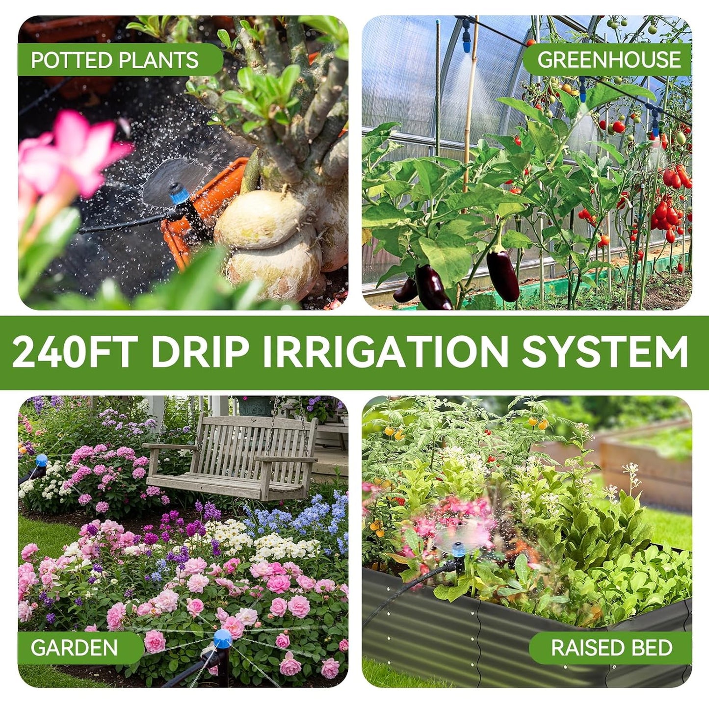 240FT Drip Irrigation System Kits, Quick Connect Automatic Garden Watering System for Raised Bed, Potted Plants, Lawn, Greenhouse with 1/2 inch Hose 1/4 inch Tubing and Accessories