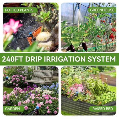 240FT Drip Irrigation System Kits, Quick Connect Automatic Garden Watering System for Raised Bed, Potted Plants, Lawn, Greenhouse with 1/2 inch Hose 1/4 inch Tubing and Accessories