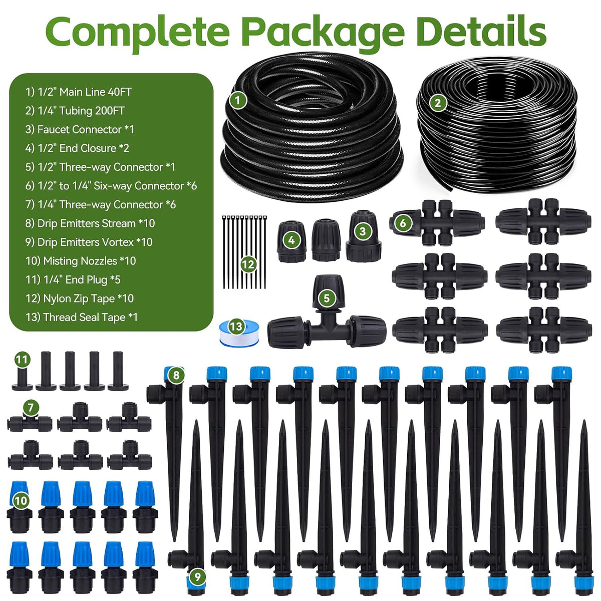 240FT Drip Irrigation System Kits, Quick Connect Automatic Garden Watering System for Raised Bed, Potted Plants, Lawn, Greenhouse with 1/2 inch Hose 1/4 inch Tubing and Accessories