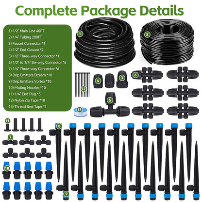 240FT Drip Irrigation System Kits, Quick Connect Automatic Garden Watering System for Raised Bed, Potted Plants, Lawn, Greenhouse with 1/2 inch Hose 1/4 inch Tubing and Accessories