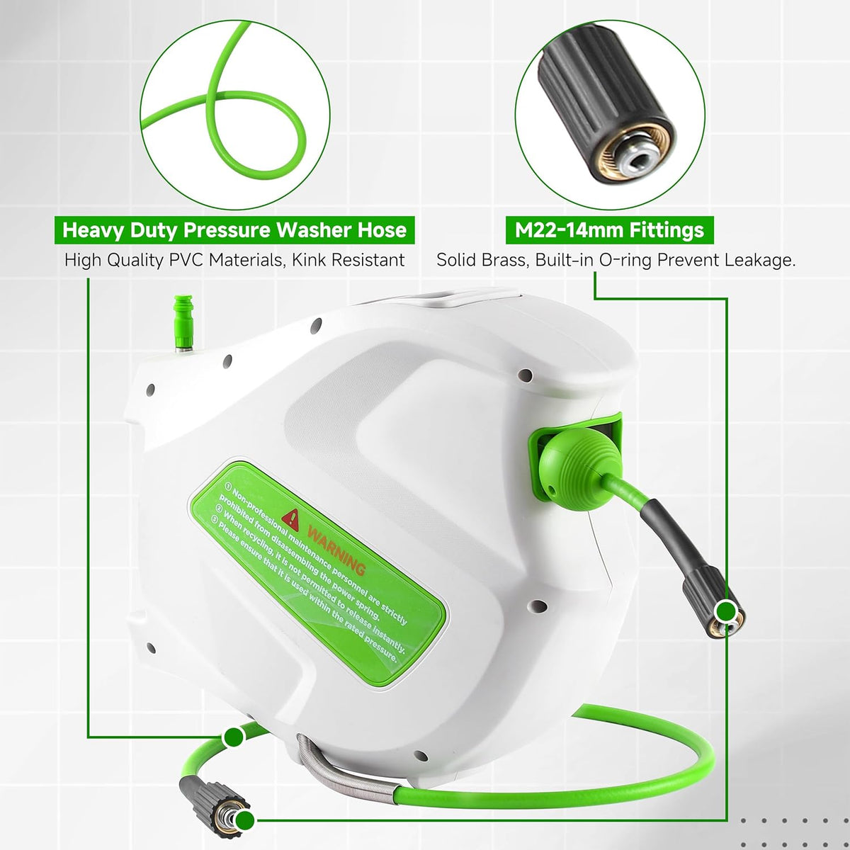 Pressure Washer Hose Reel with Hose, 1/4" × 65ft, Retractable