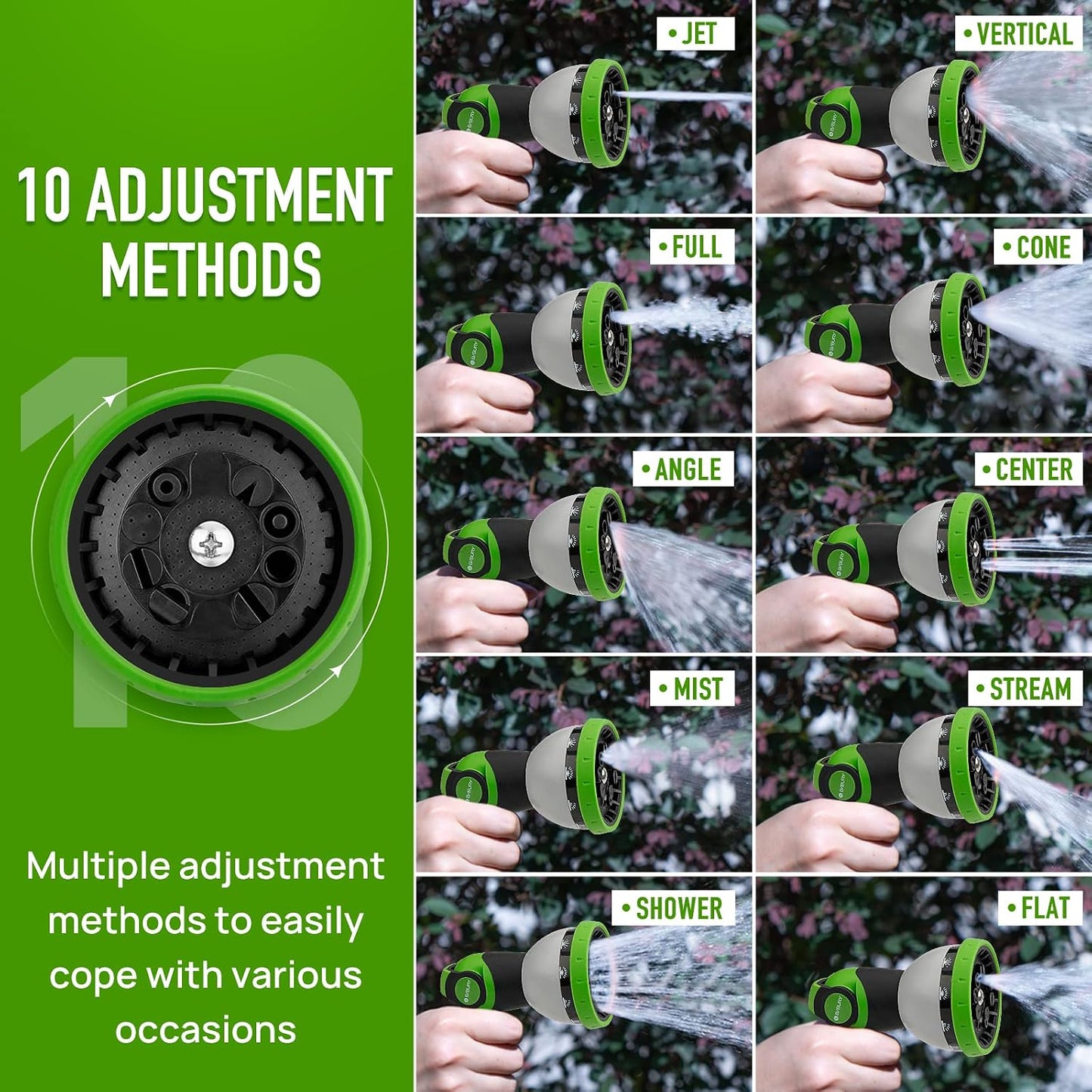 Water Hose Nozzle Sprayer, Hand Sprayer with 10 Watering Patterns and On Off Valve Thumb Control, High Pressure Garden Hose Spray Nozzle for Watering Plants, Car Wash and Showering Pets (Green)