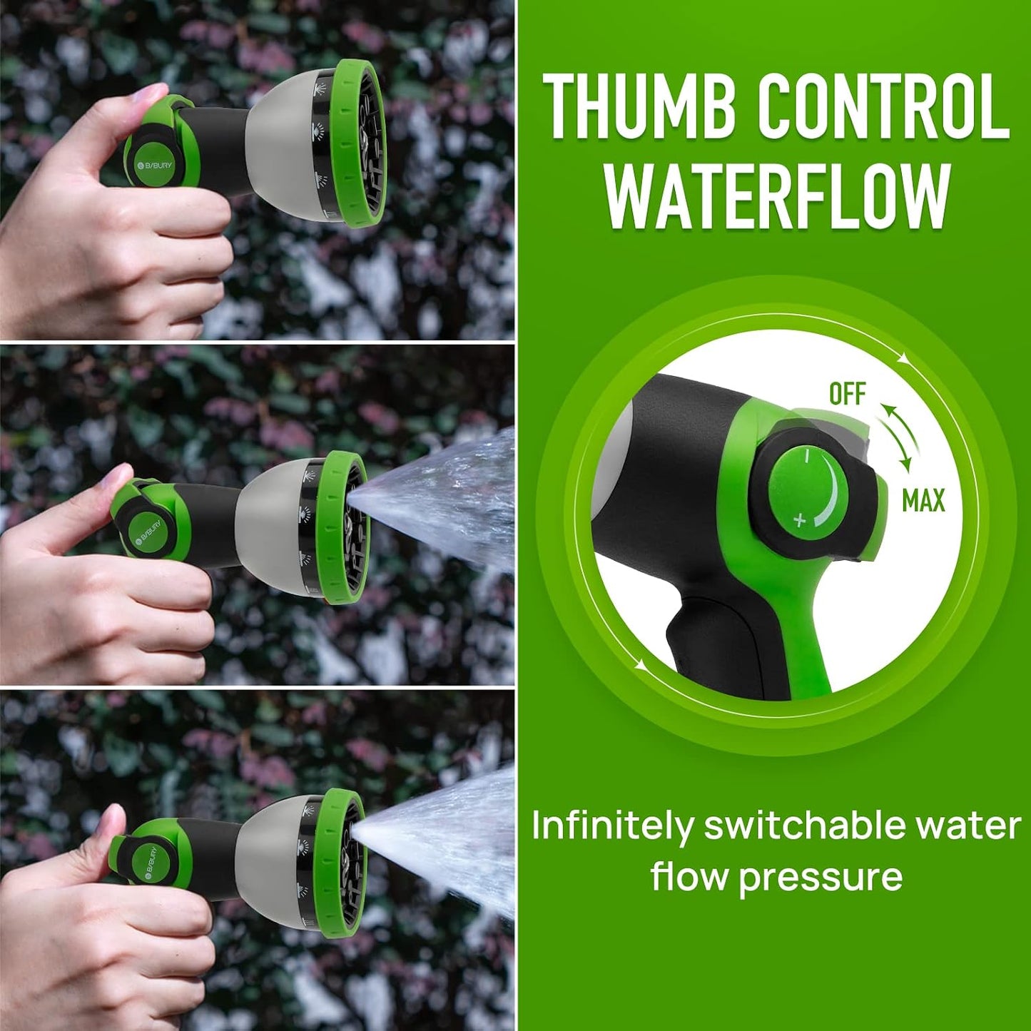 Water Hose Nozzle Sprayer, Hand Sprayer with 10 Watering Patterns and On Off Valve Thumb Control, High Pressure Garden Hose Spray Nozzle for Watering Plants, Car Wash and Showering Pets (Green)