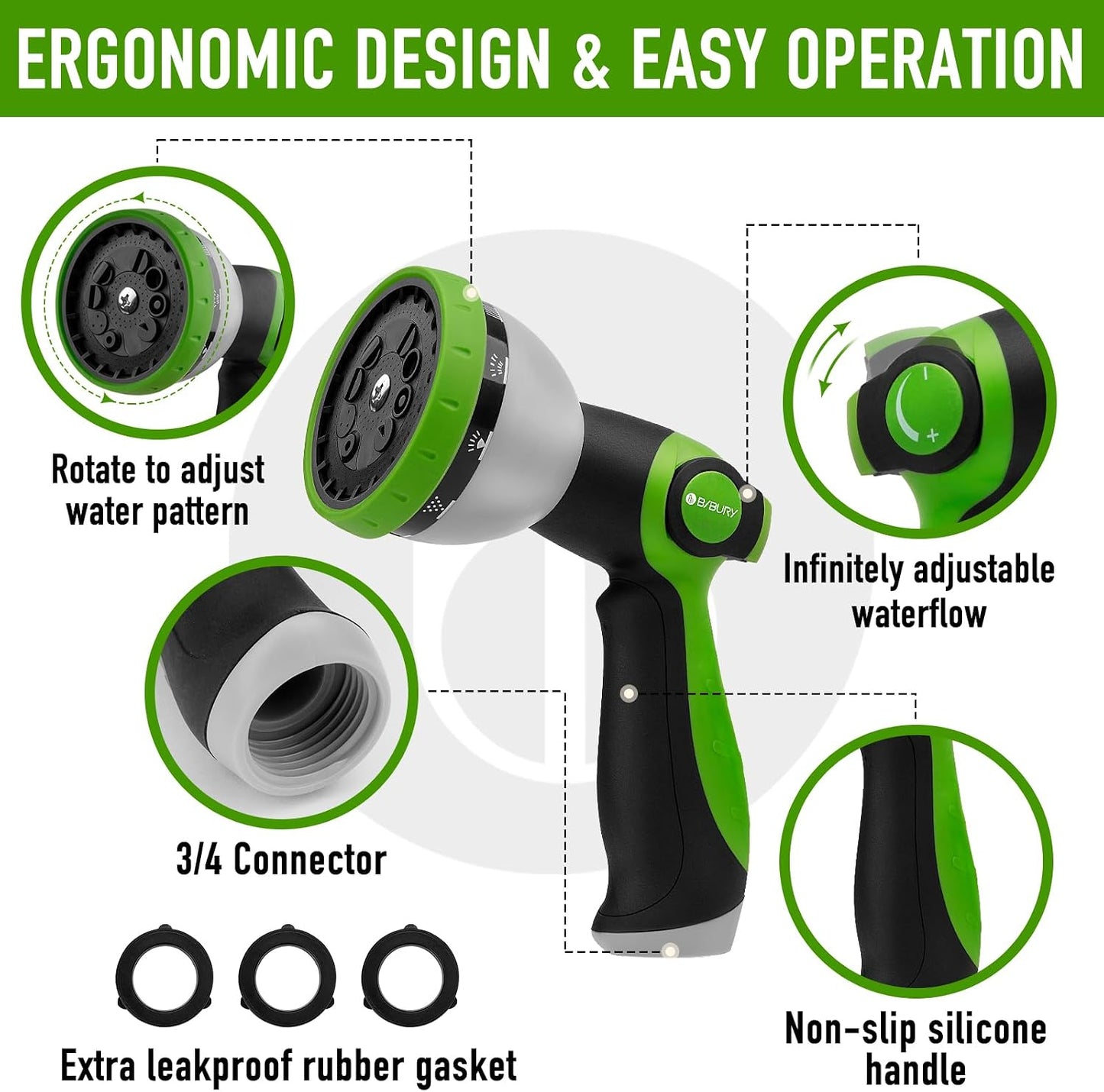 Water Hose Nozzle Sprayer, Hand Sprayer with 10 Watering Patterns and On Off Valve Thumb Control, High Pressure Garden Hose Spray Nozzle for Watering Plants, Car Wash and Showering Pets (Green)