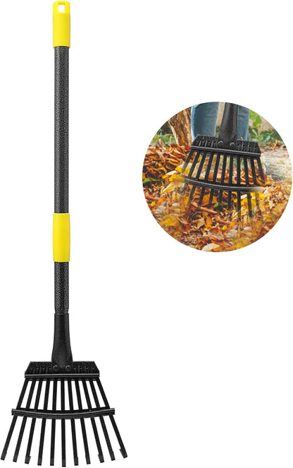 Leaf Rake for Gardening, Adjustable Metal Garden Rake for Leaves Long Handle 30-60", 11 Tines 9" Wide Small Lawn Collapsible Yard Adult Kids Rake for Camping Flower Beds Mulch Shrub