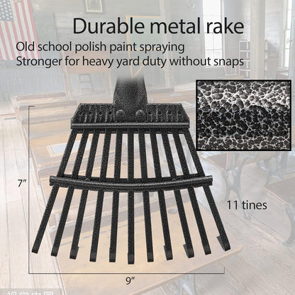 Leaf Rake for Gardening, Adjustable Metal Garden Rake for Leaves Long Handle 30-60", 11 Tines 9" Wide Small Lawn Collapsible Yard Adult Kids Rake for Camping Flower Beds Mulch Shrub