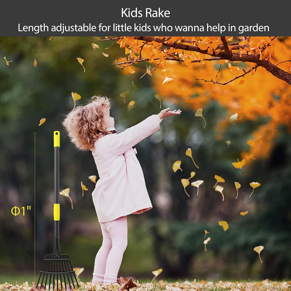 Leaf Rake for Gardening, Adjustable Metal Garden Rake for Leaves Long Handle 30-60", 11 Tines 9" Wide Small Lawn Collapsible Yard Adult Kids Rake for Camping Flower Beds Mulch Shrub