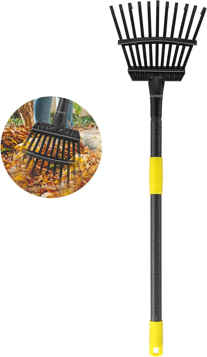 Leaf Rake for Gardening, Adjustable Metal Garden Rake for Leaves Long Handle 30-60", 11 Tines 9" Wide Small Lawn Collapsible Yard Adult Kids Rake for Camping Flower Beds Mulch Shrub
