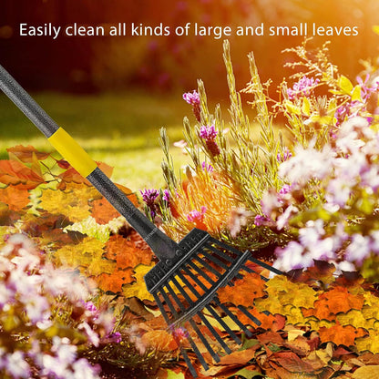 Leaf Rake for Gardening, Adjustable Metal Garden Rake for Leaves Long Handle 30-60", 11 Tines 9" Wide Small Lawn Collapsible Yard Adult Kids Rake for Camping Flower Beds Mulch Shrub