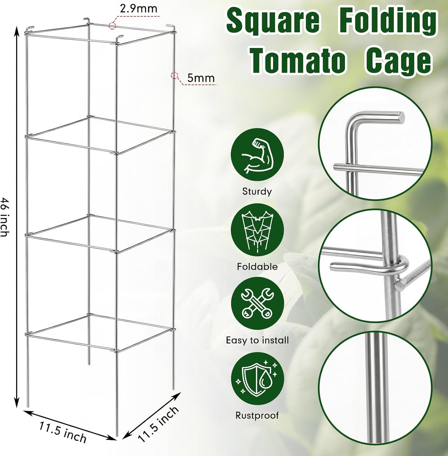 16 Pack Square Tomato Cage Heavy Duty Tomato Cages for Garden Vegetable Plant Trellis Stakes Plant Support Stake Tower for Climbing Vegetables Plants Flowers Fruit (11.5 x 46 Inches,Silver)