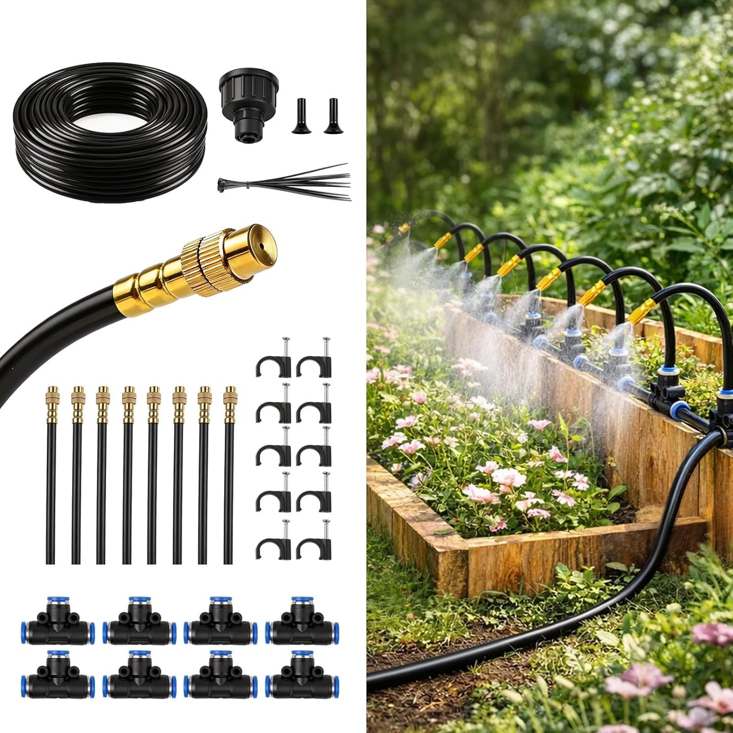 50FT Drip Irrigation Kit, 360° Adjustable Garden Watering System with 1/4" Tubing, Brass Misting Nozzles, DIY Irrigation System for Plants, Raised Beds, Greenhouse