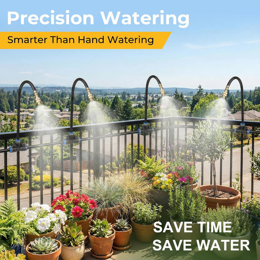 50FT Drip Irrigation Kit, 360° Adjustable Garden Watering System with 1/4" Tubing, Brass Misting Nozzles, DIY Irrigation System for Plants, Raised Beds, Greenhouse