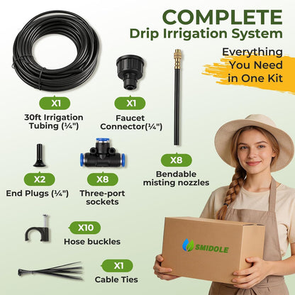 50FT Drip Irrigation Kit, 360° Adjustable Garden Watering System with 1/4" Tubing, Brass Misting Nozzles, DIY Irrigation System for Plants, Raised Beds, Greenhouse