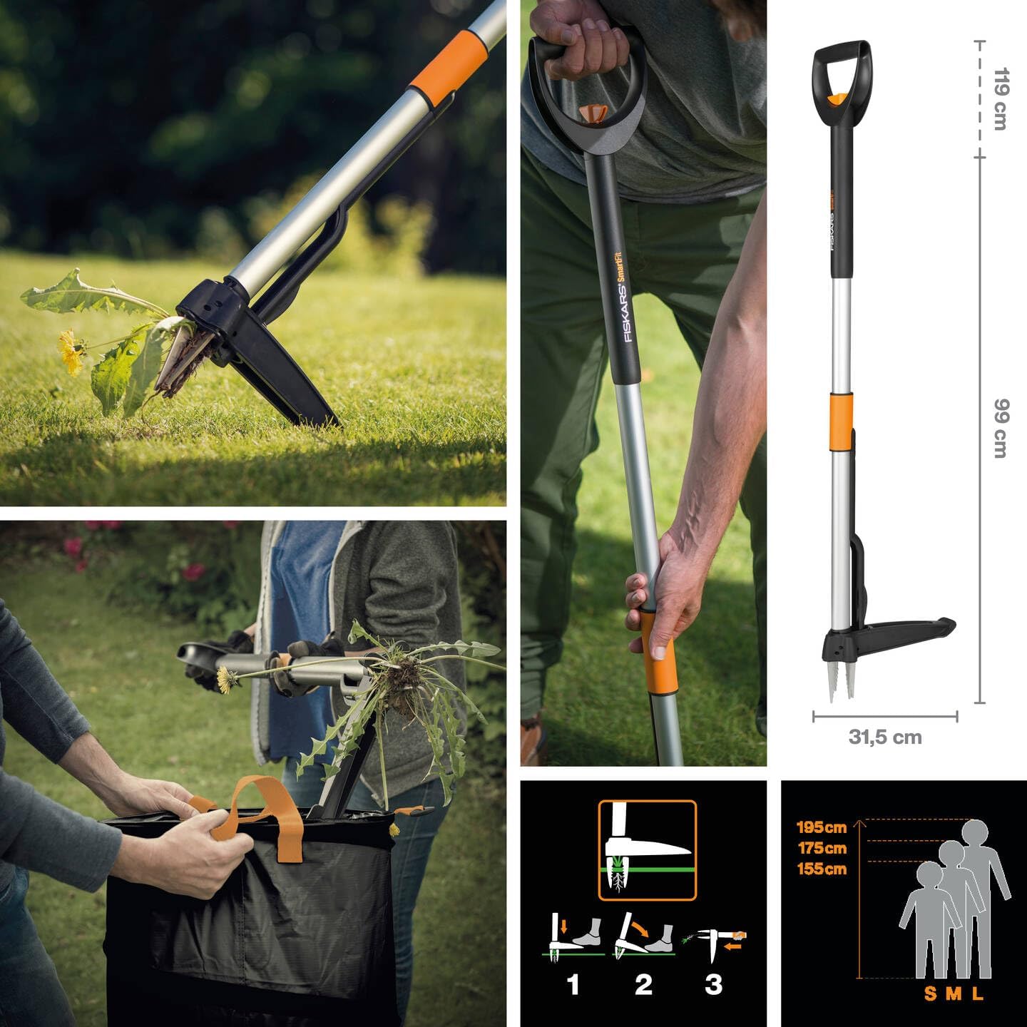 Xact Weed Puller, Length: 1 m, Stainless Steel Handle/Plastic Handle, Black/Orange, 1020126