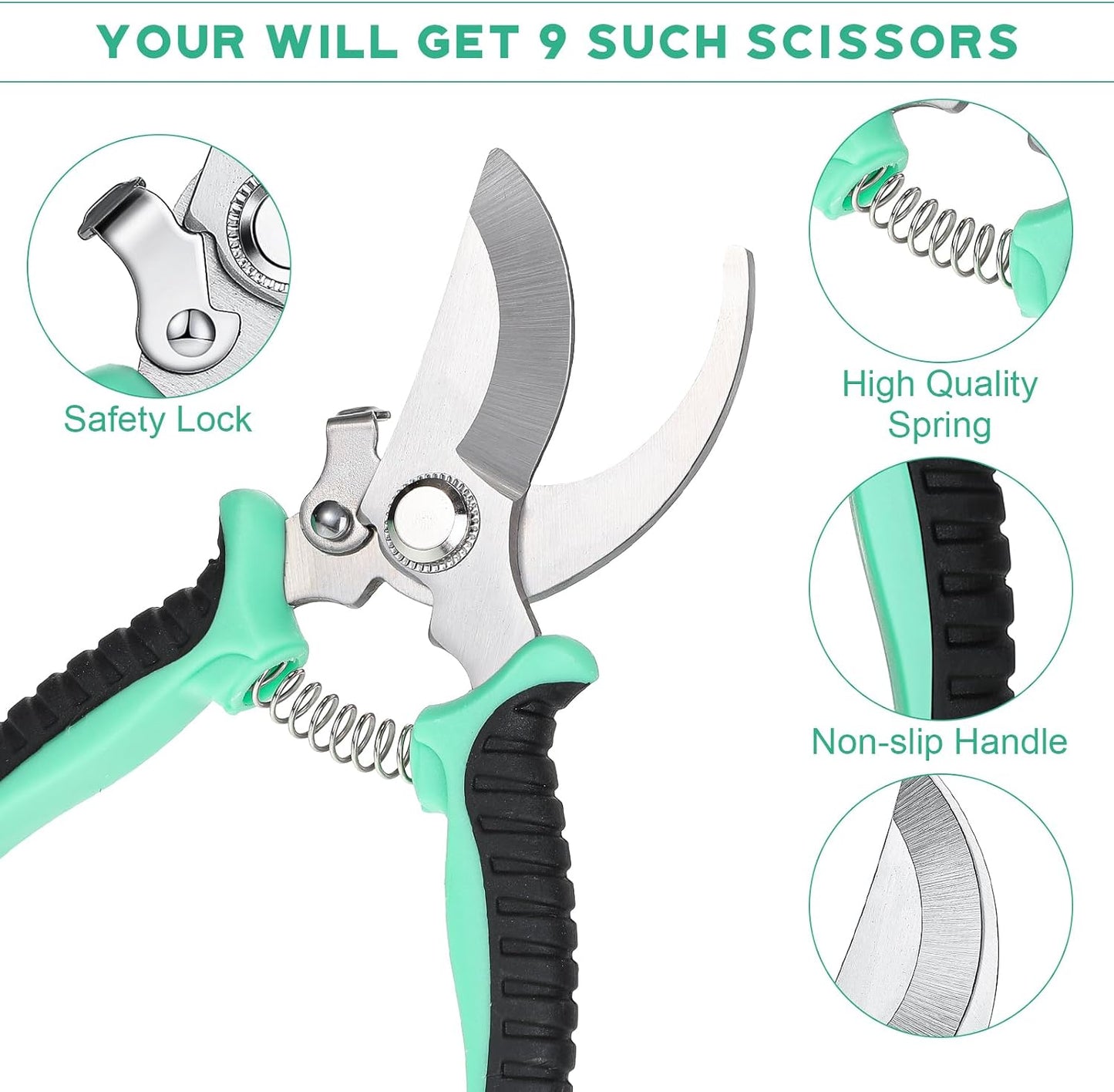 9 Pcs Garden Shears Pruning Garden Clippers Bulk Bypass Pruner Heavy Duty for Gardening Hedge Plant Cutting Flower Scissors for Tree Trimming Bonsai Cutting Fruits Picking(Green)
