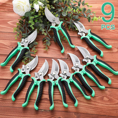 9 Pcs Garden Shears Pruning Garden Clippers Bulk Bypass Pruner Heavy Duty for Gardening Hedge Plant Cutting Flower Scissors for Tree Trimming Bonsai Cutting Fruits Picking(Green)