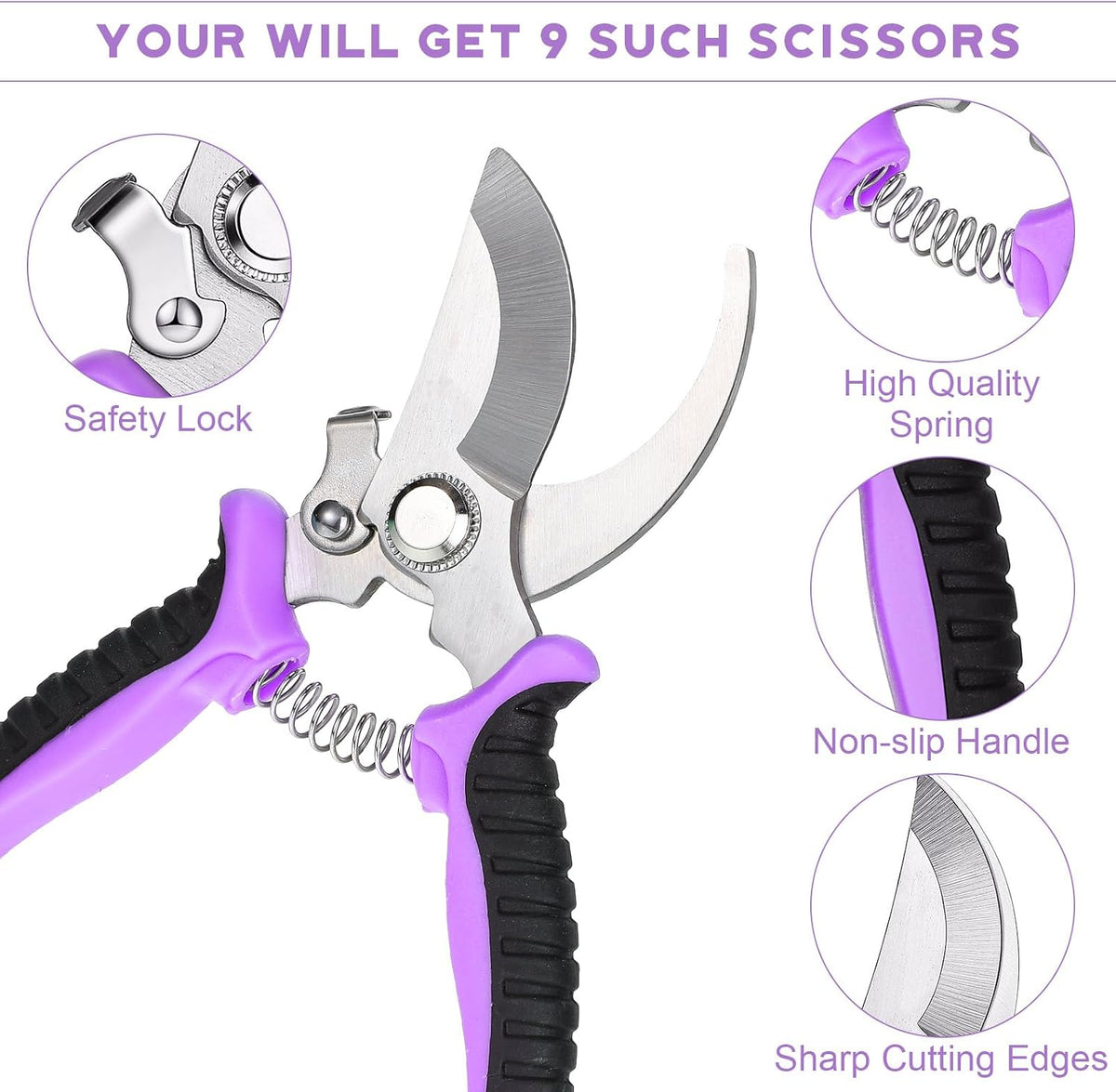 9 Pcs Garden Shears Pruning Garden Clippers Bulk Bypass Pruner Heavy Duty for Gardening Hedge Plant Cutting Flower Scissors for Tree Trimming Bonsai Cutting Fruits Picking(Green)