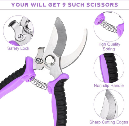 9 Pcs Garden Shears Pruning Garden Clippers Bulk Bypass Pruner Heavy Duty for Gardening Hedge Plant Cutting Flower Scissors for Tree Trimming Bonsai Cutting Fruits Picking(Green)