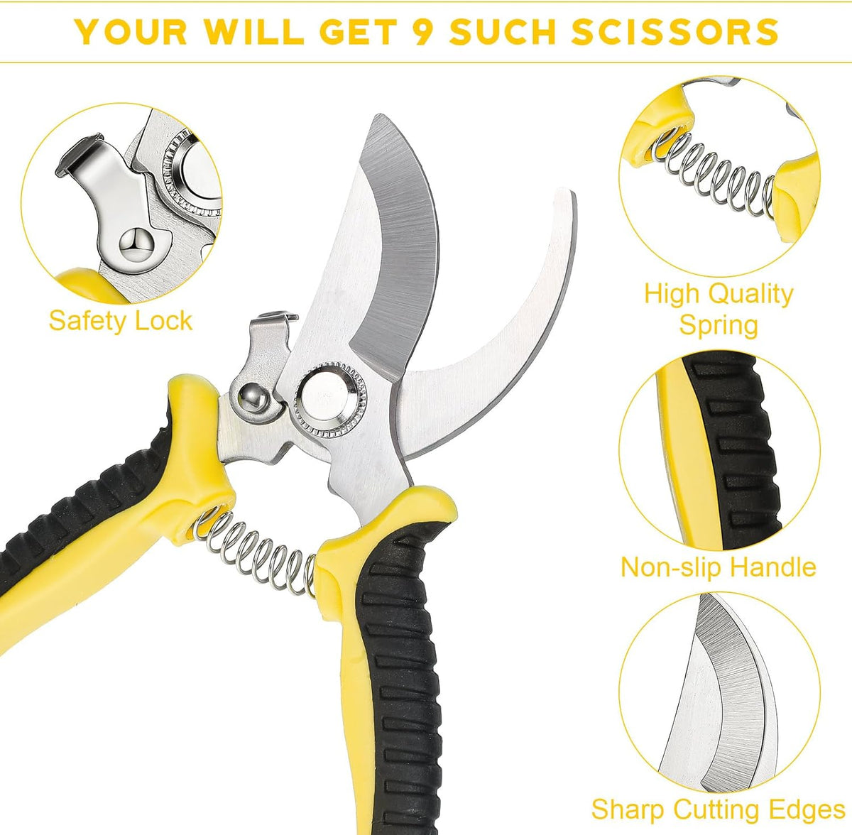 9 Pcs Garden Shears Pruning Garden Clippers Bulk Bypass Pruner Heavy Duty for Gardening Hedge Plant Cutting Flower Scissors for Tree Trimming Bonsai Cutting Fruits Picking(Green)