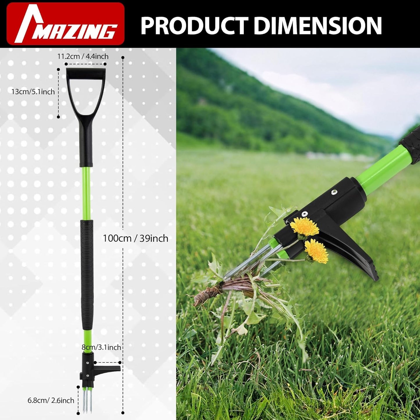39" Long Handle Weed Puller,3-Claw Stand Up Weeder Hand Tool,Ergonomic D-Handle Garden Weeding Tool for Effortless Root Removal,Standup Weed Pulling Tool for Yard Garden Dandelion Crabgrass