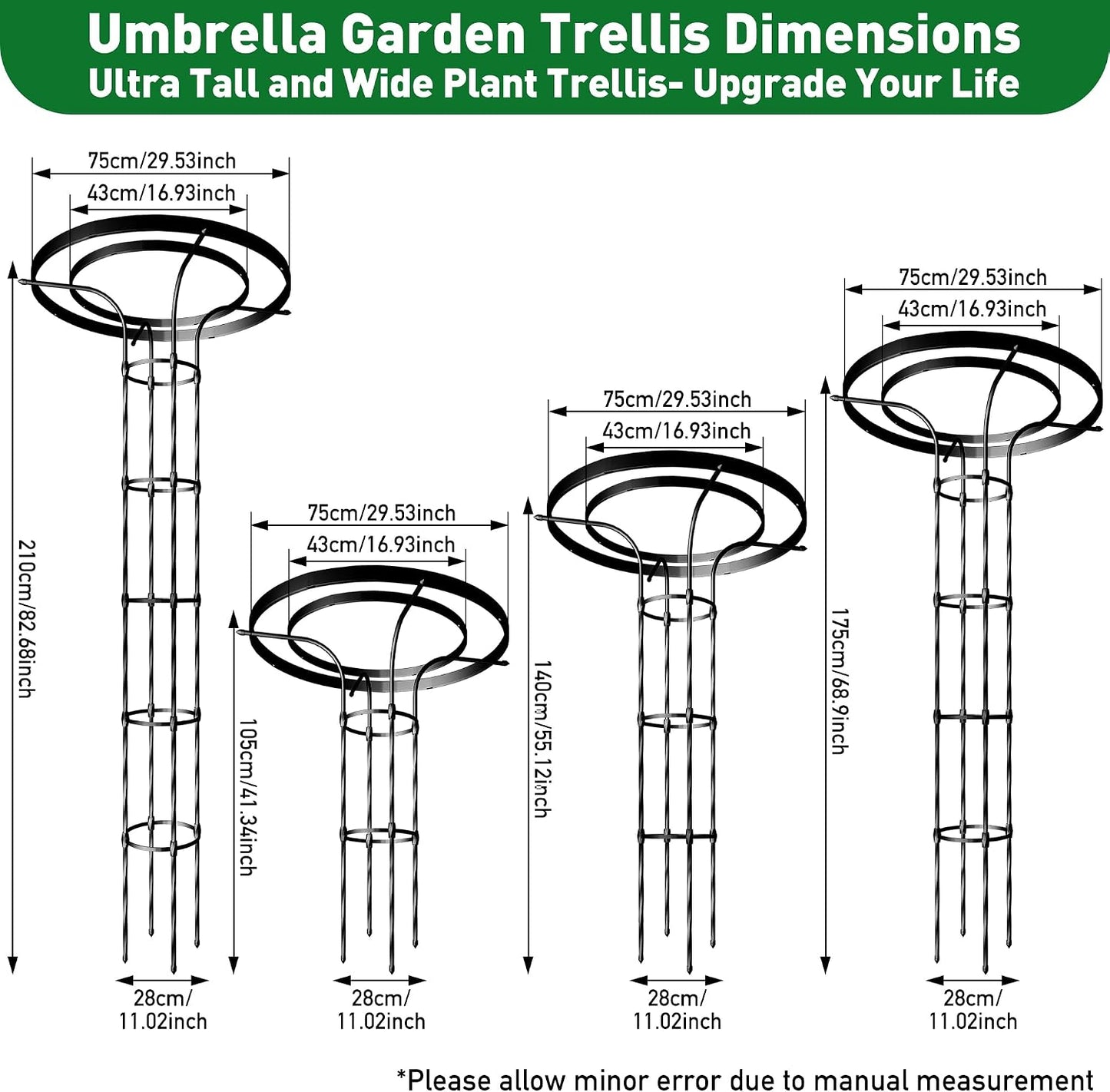 6.89FT Mushroom Top Obelisk Trellis for Outdoor Climbing Plants, Rustproof PE-Coated Metal Poles Support, Decorative Garden Trellis for Climbing Rose, Wisteria, Black