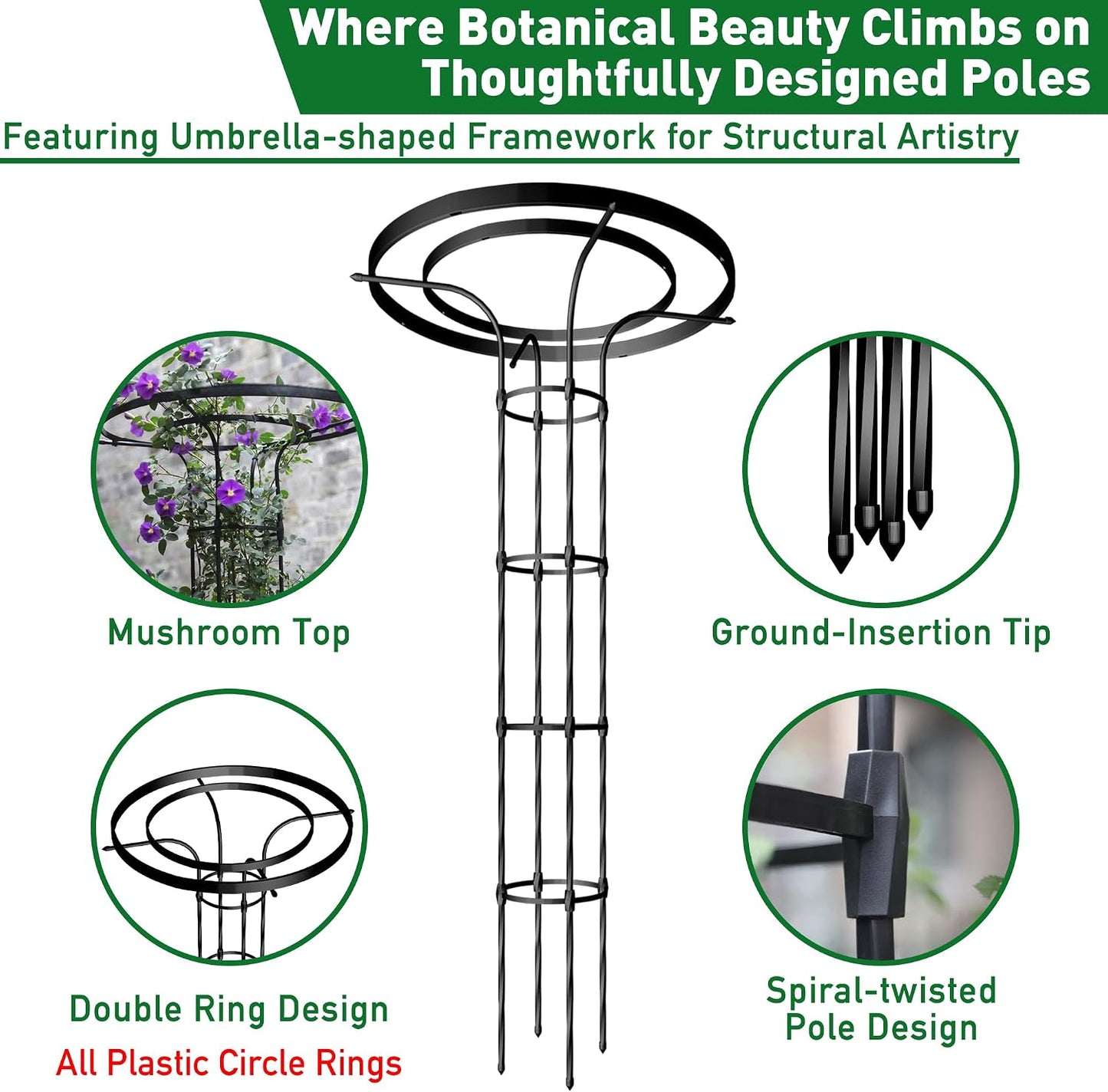 6.89FT Mushroom Top Obelisk Trellis for Outdoor Climbing Plants, Rustproof PE-Coated Metal Poles Support, Decorative Garden Trellis for Climbing Rose, Wisteria, Black